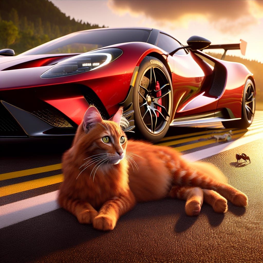 Red Cat Lounging by Sports Car in Forza Horizon Style