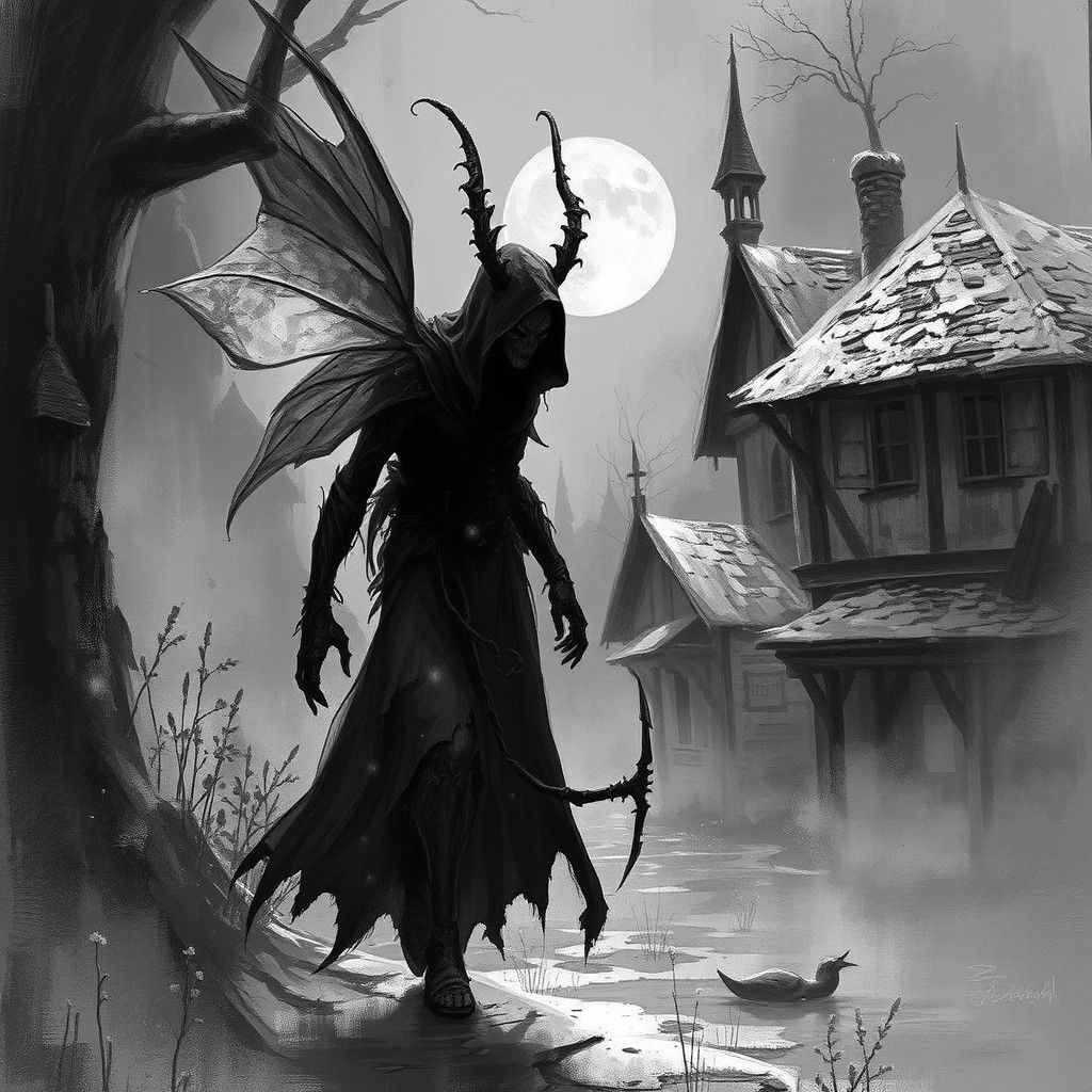 Sinister Dark Fairy Sneaking Through Village
