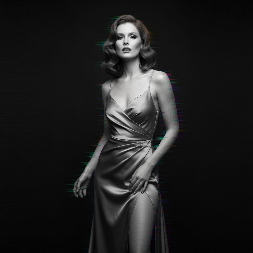 Elegant Model in Silk Gown with Glitch Effect