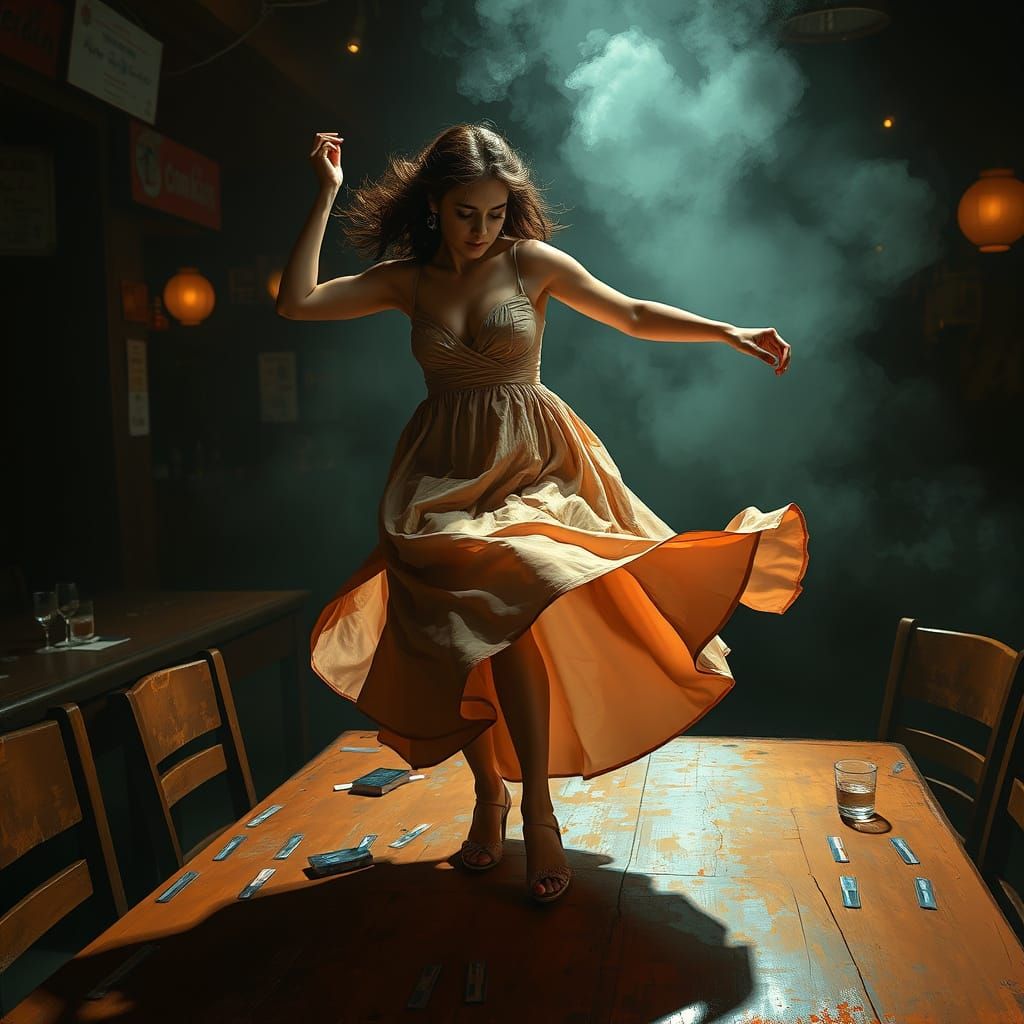 Rebellious Dancer in Smoky Bar