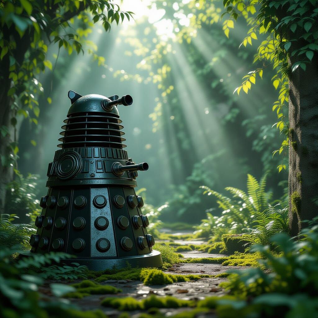 Lone Dalek in Overgrown Garden, Hyper-Realistic Style
