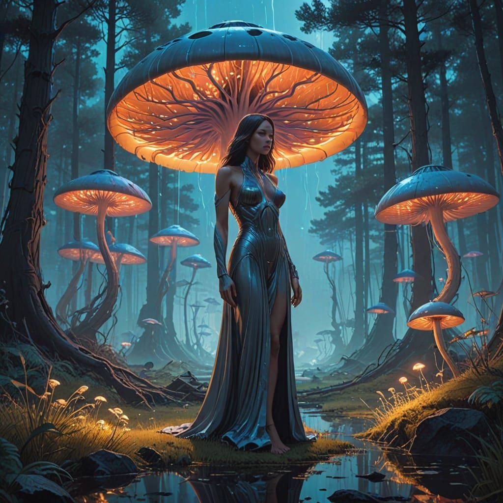 Ethereal Figure in Iridescent Mushroom Realm