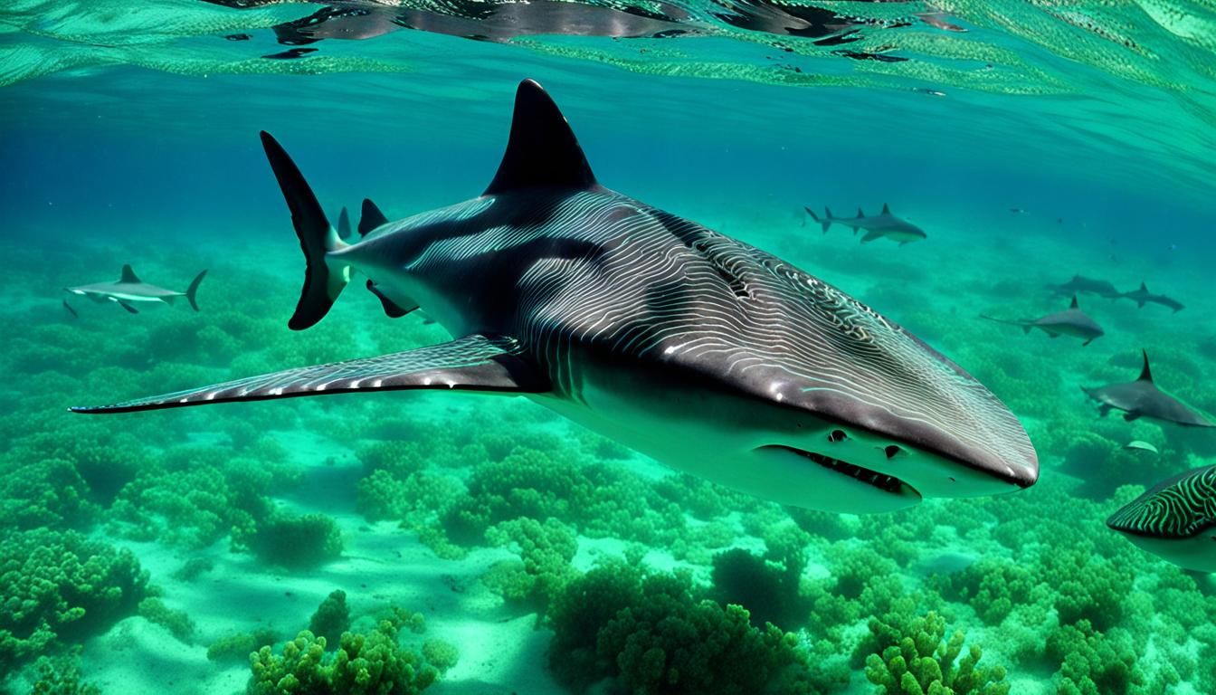 Seapunk Sharks and Stingrays in Blue-Green Ocean