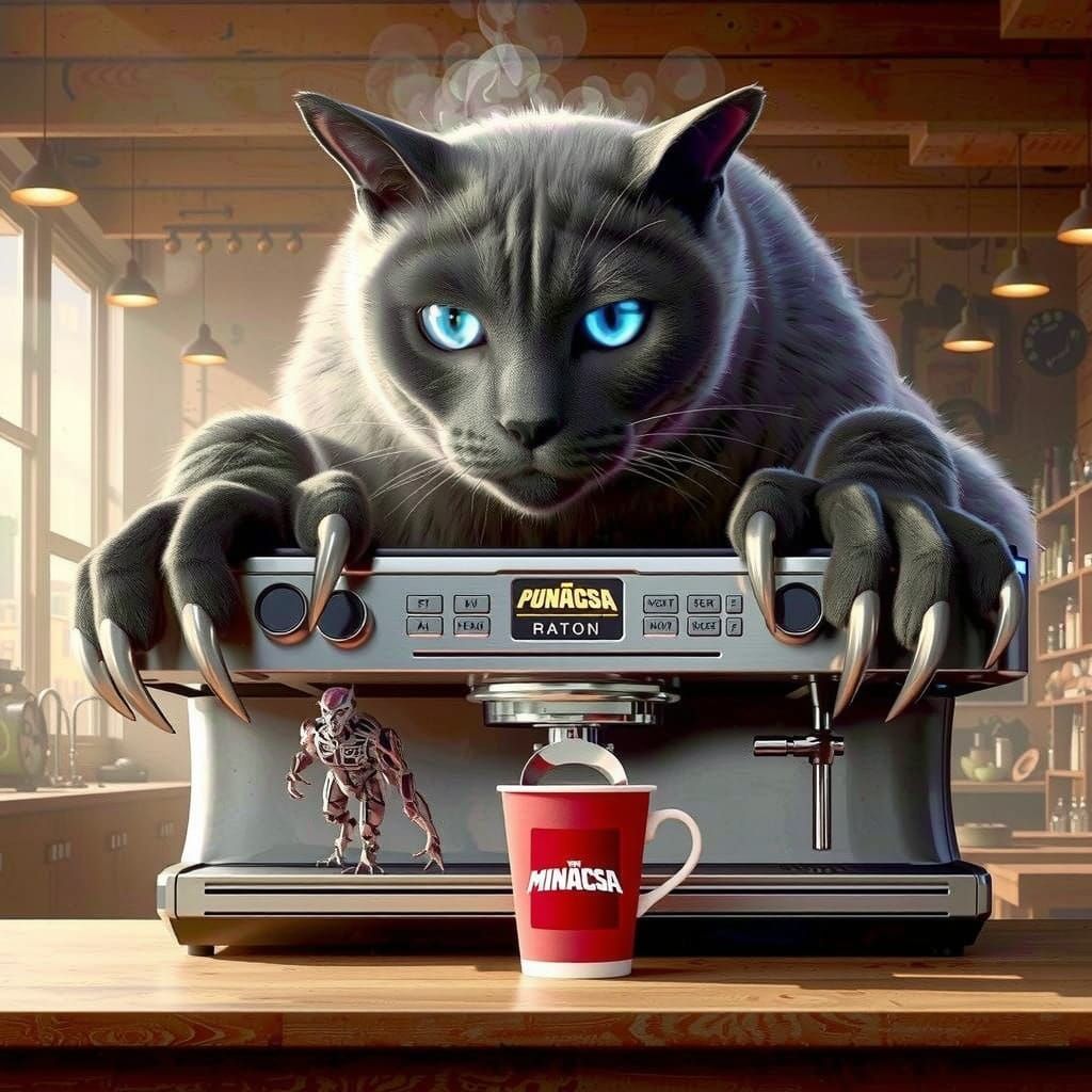 Cyberpunk Siamese Cat Wakes Up in Coffee Shop