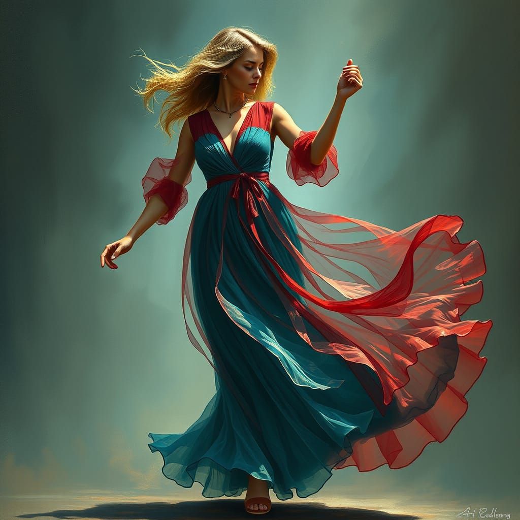Dancing Woman: Dreamlike Digital Art with Flowing Dress