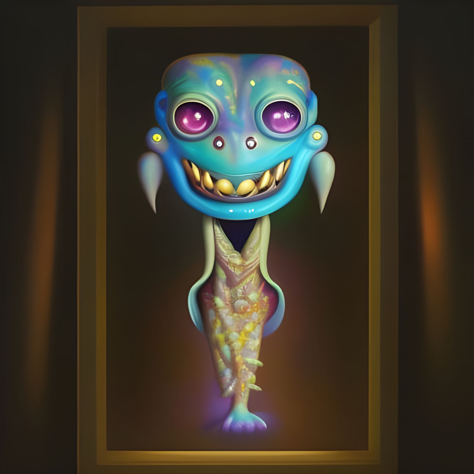 3d creature with bright smile clearly visible,opal with big eyes clearly visible, artistic expression of a mythical cin...