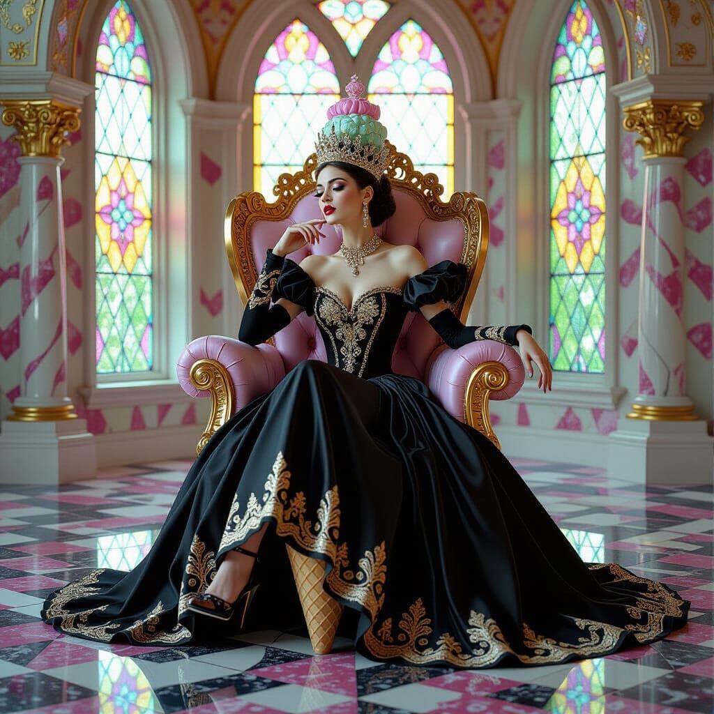 Gothic Queen on Ice Cream Throne in Romantic Style