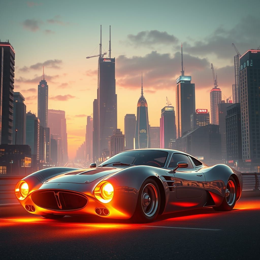 Mesmerizing Retro-Futuristic Car in Mesopunk Cityscape