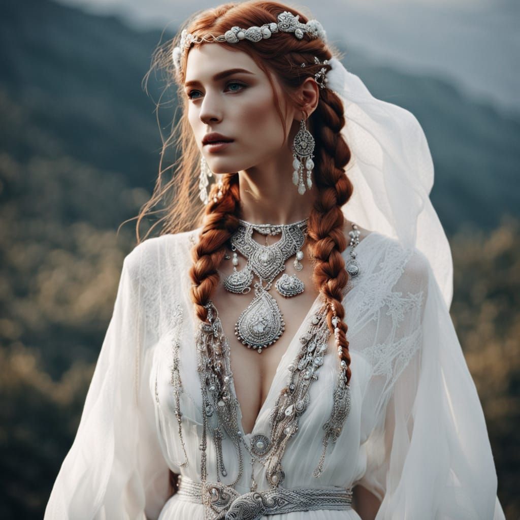 Woman in White Robes with Bone Charms in Hair