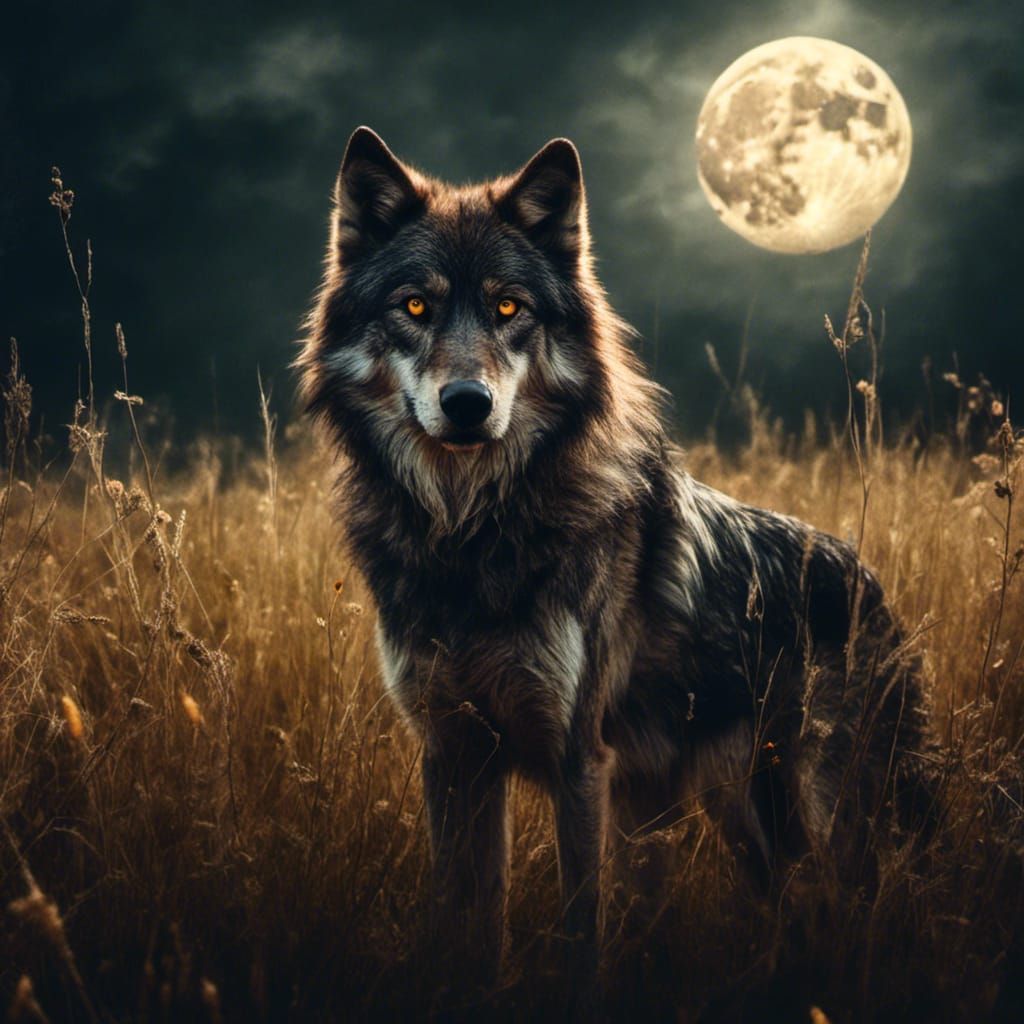 Hyperrealistic Wolf in Meadow Under Full Moon