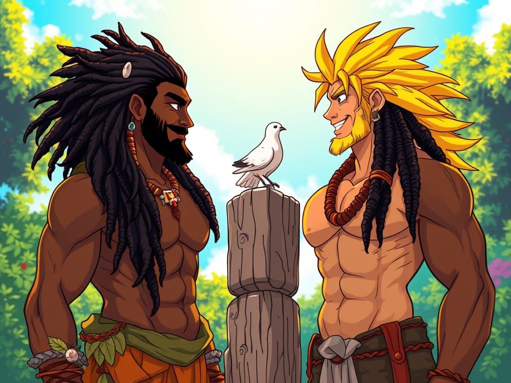 Anime-Inspired Barbarian and Tribesman with Dove in Serene L...
