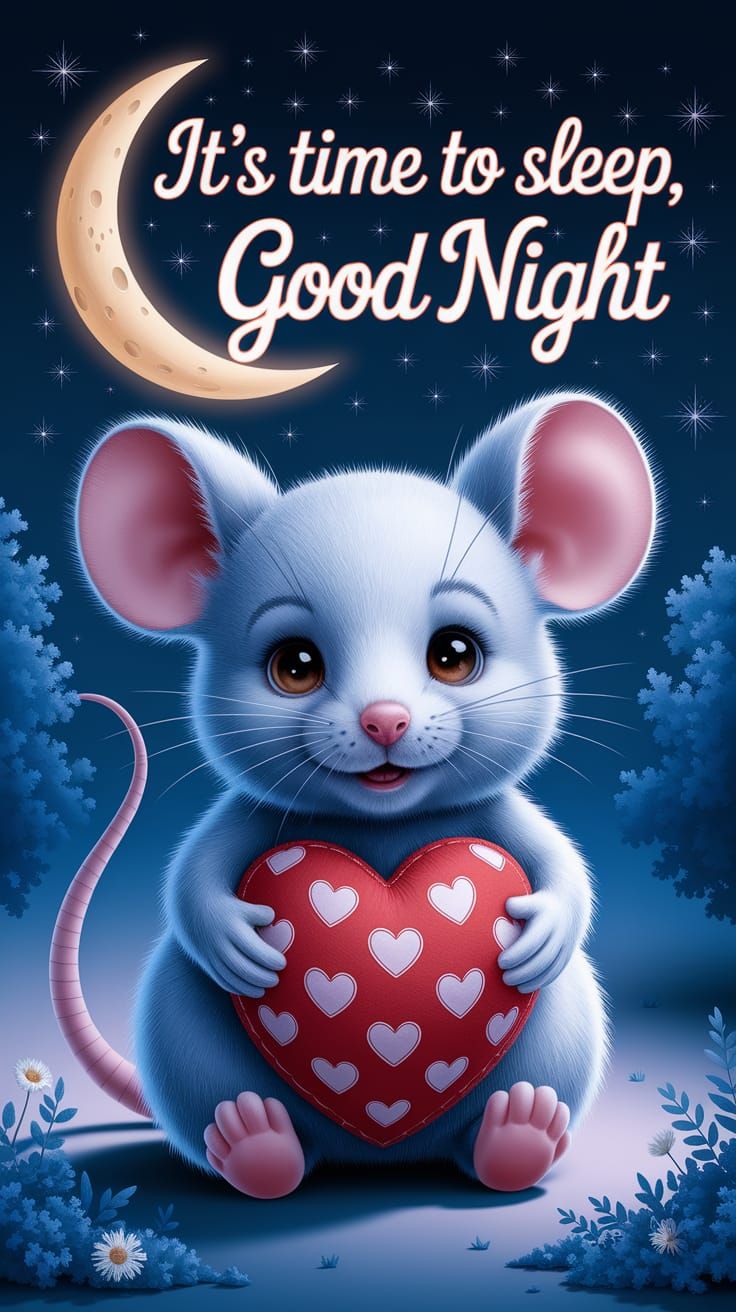 Plush Mouse with Heart Under Night Sky