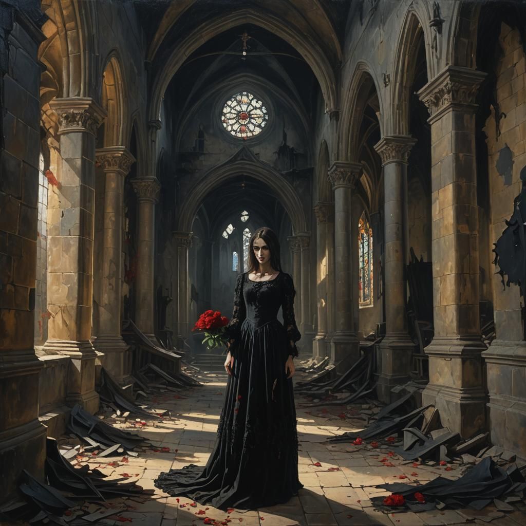 Gothic Woman in Ruined Church: Dark Romanticism