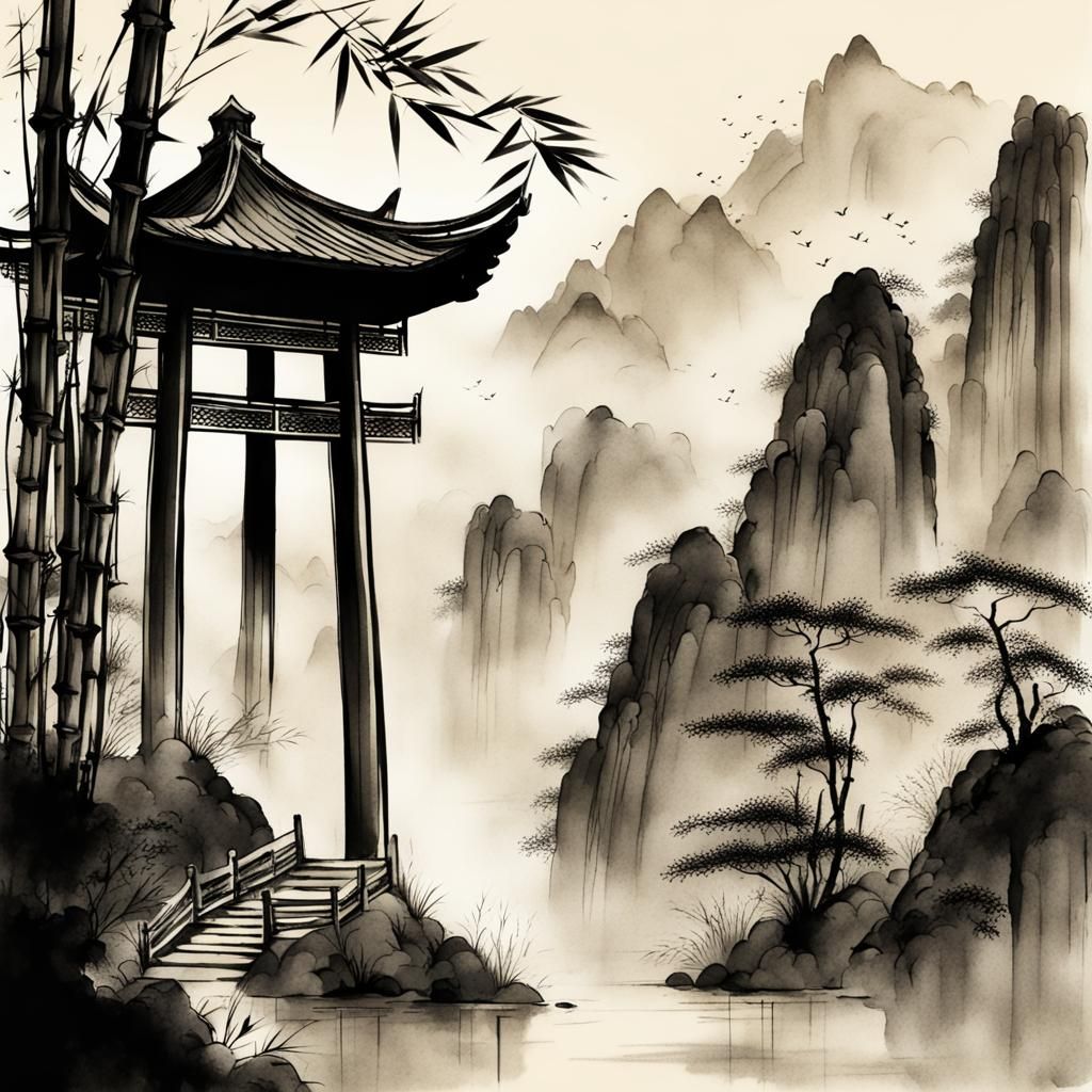 Chinese Ink Bamboo Forest Shrine Painting