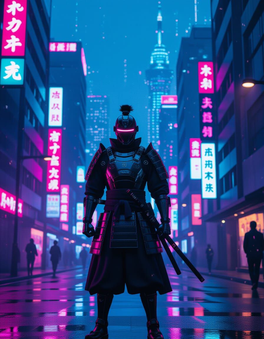 Futuristic Samurai in Neon Cityscape