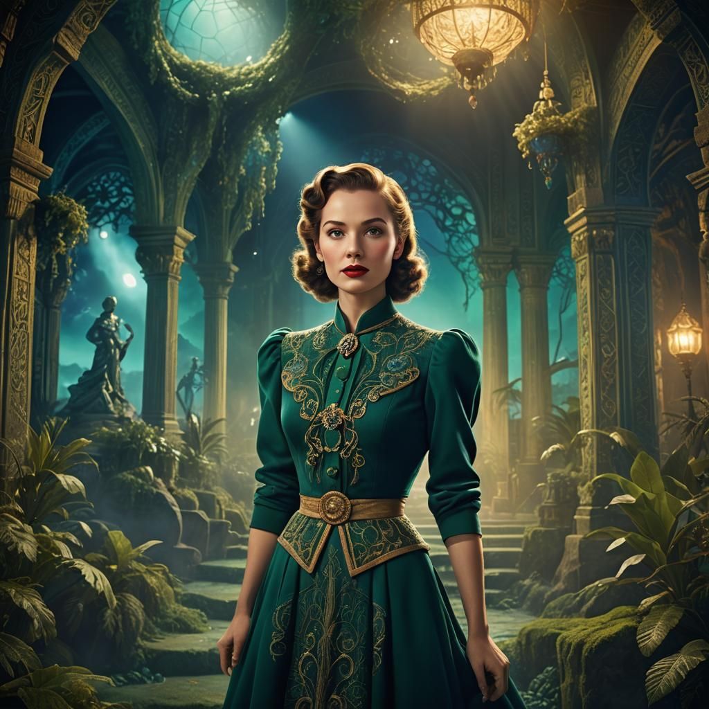1940s Woman in Emerald Dress, Fantasy Concept Art