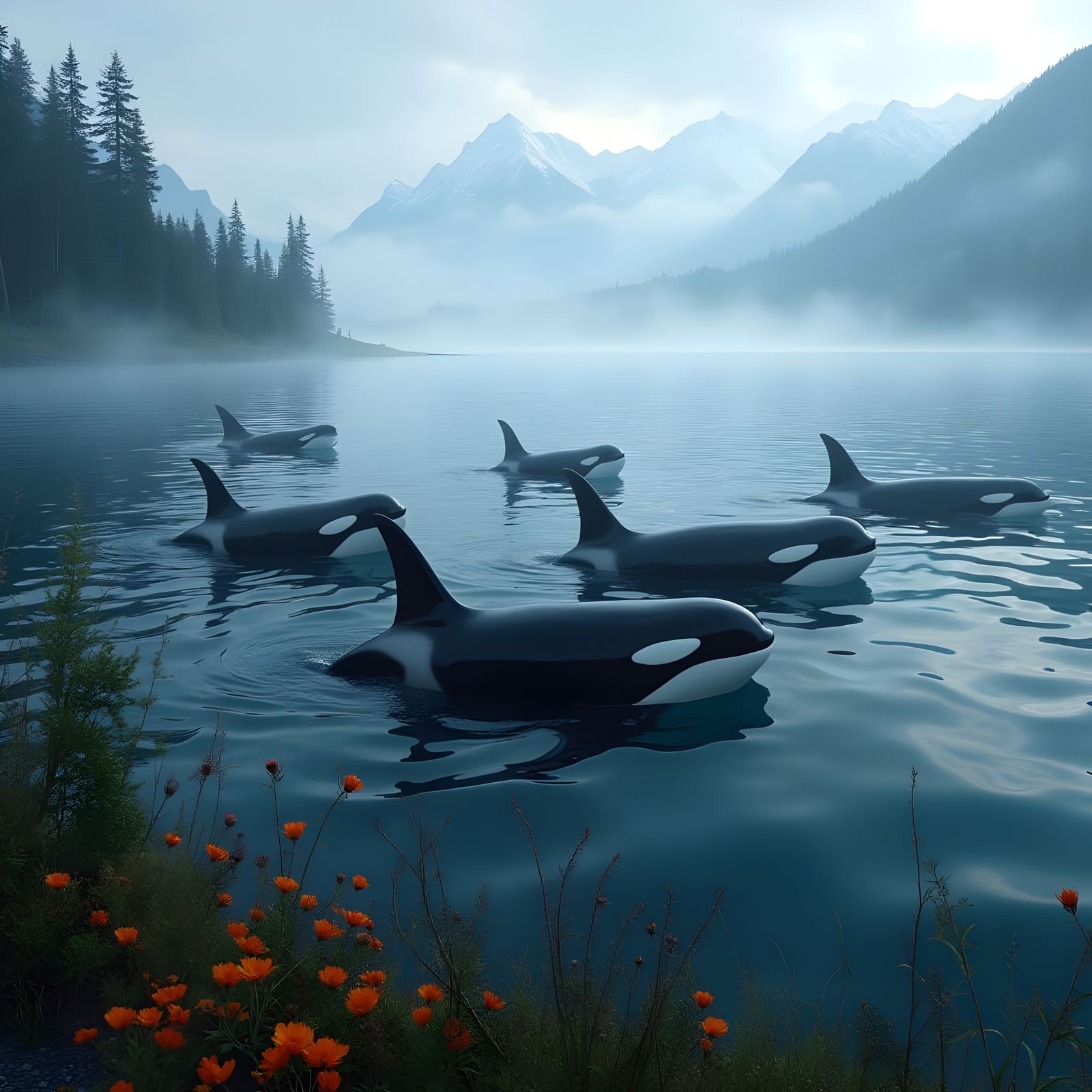 Killer Whales in Vibrant Puget Sound Fantasy Scene