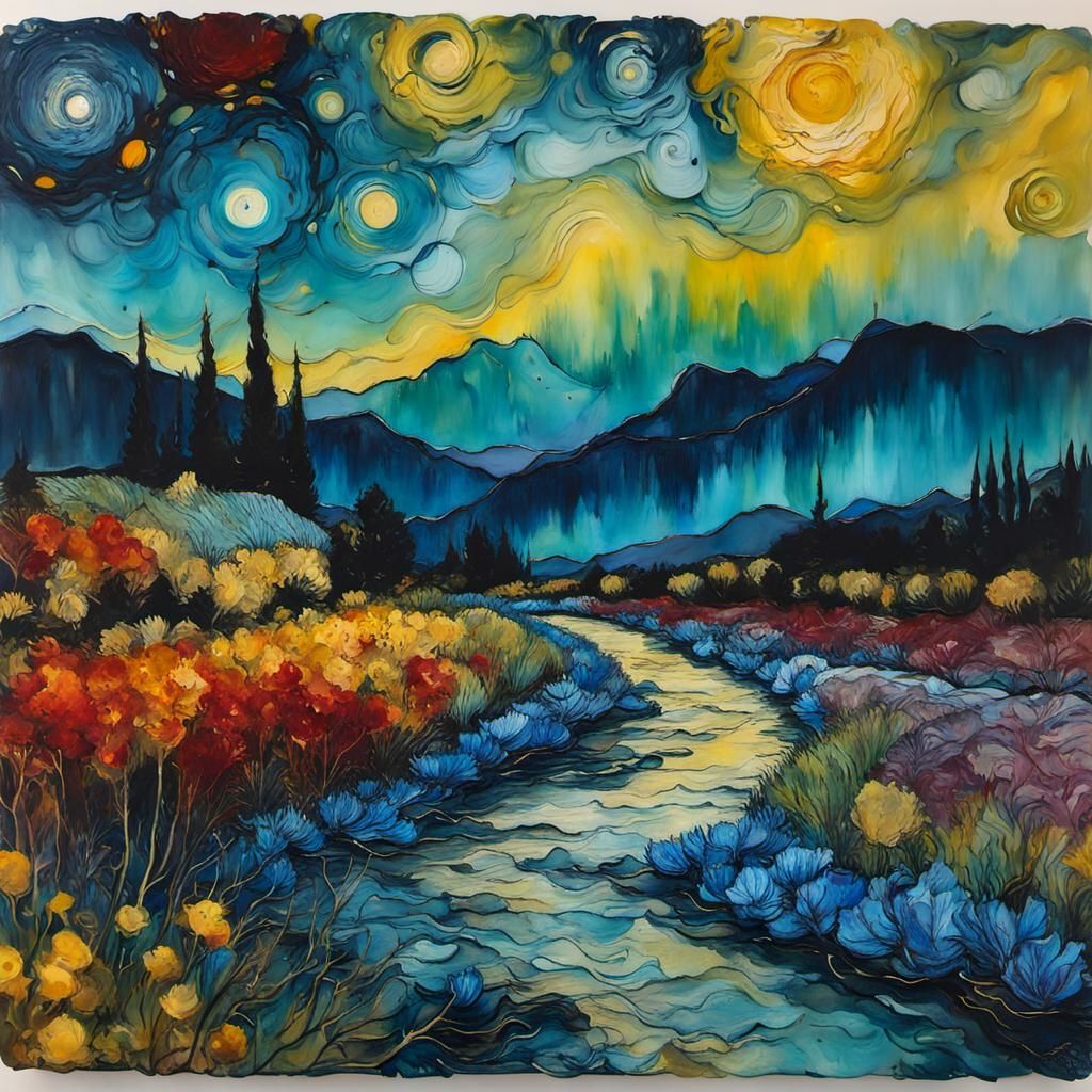 Encaustic Landscape in Van Gogh Style