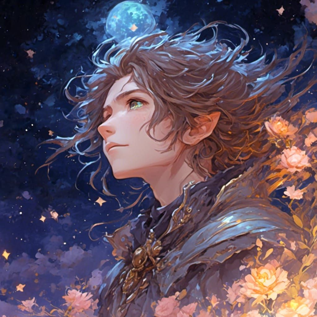 Anime Portrait Gazing at Stars Under Moonlight