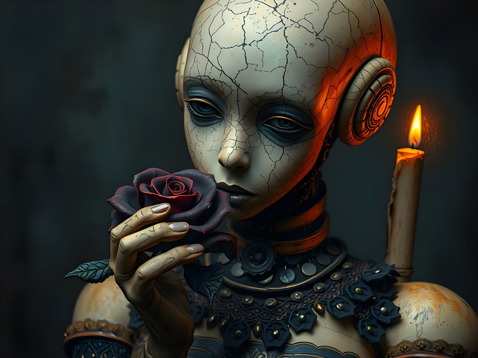 Decayed Clay Robot in a Stormy Atmosphere, Accented by Black...