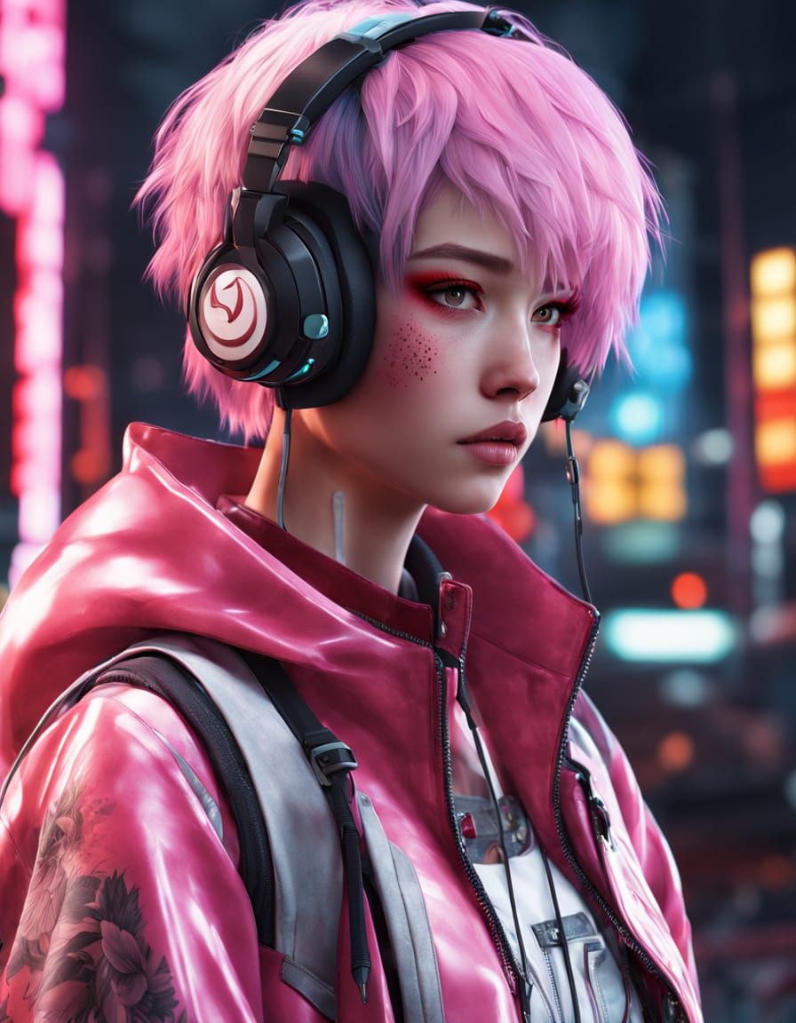 Anime Girl With Cybernetic Tattoos Amidst Neon Lights