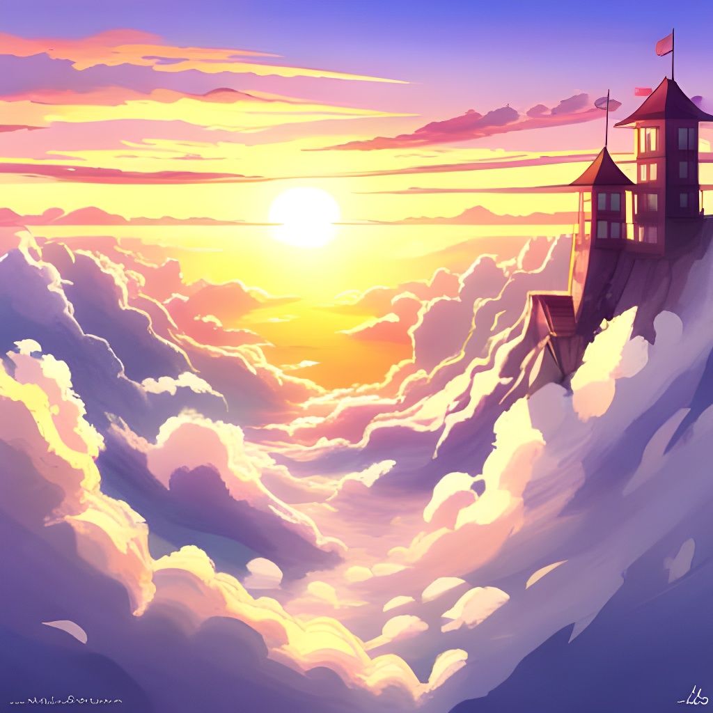 Sunrise Below Fluffy Clouds in Anime Style