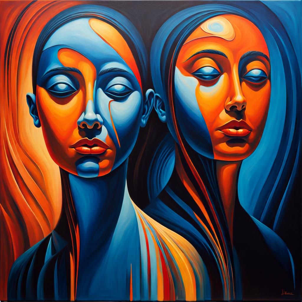 Two Melted Faces Converge in a Dreamlike Oil Painting