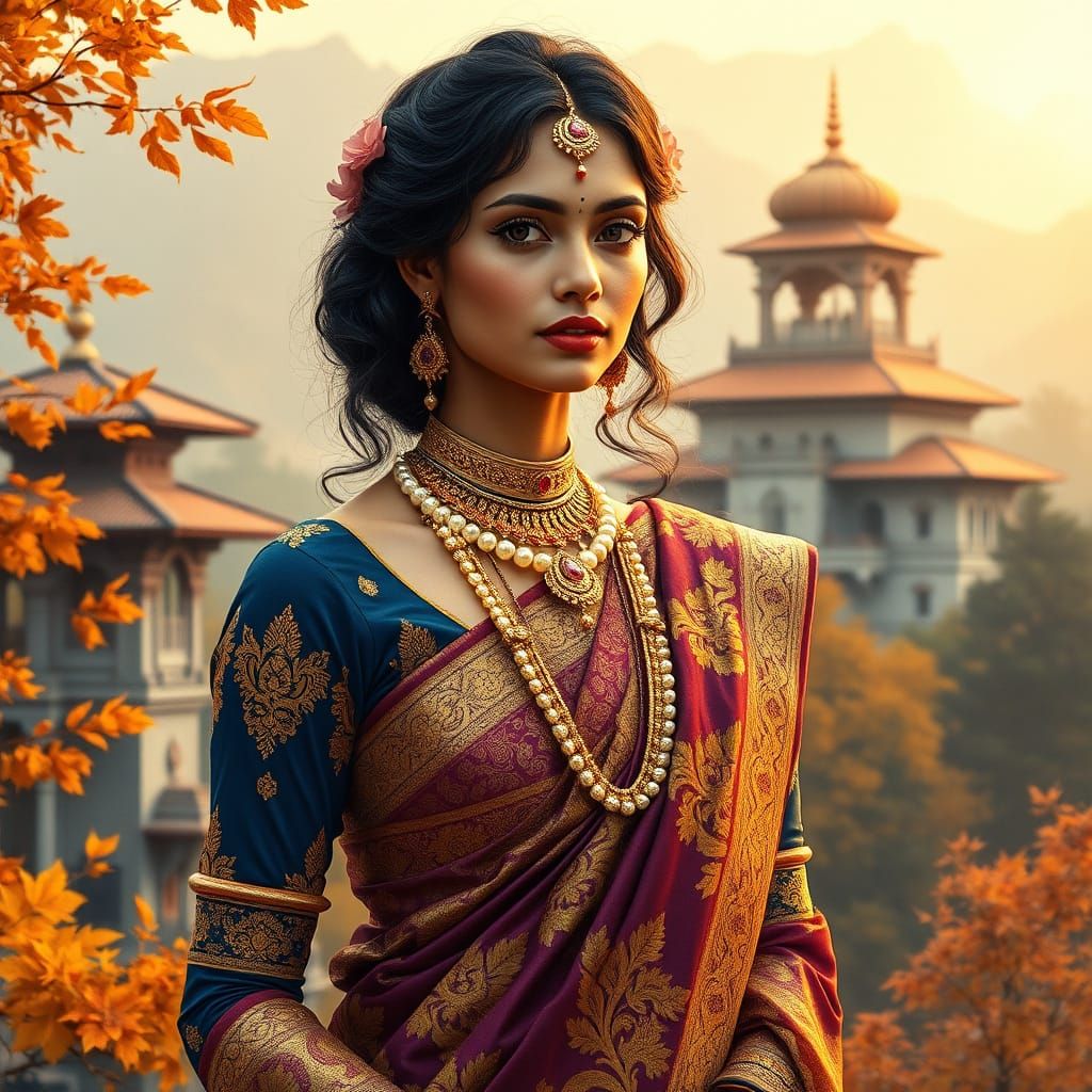 Elegant Indian Princess in Traditional Saree with Golden Emb...