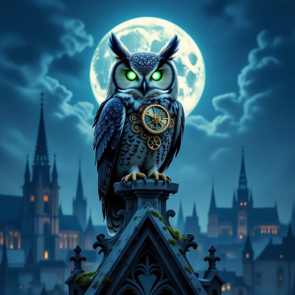 Clockwork Owl on Gargoyle Above Gothic City