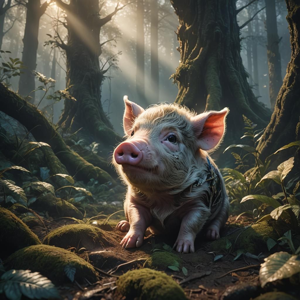 Crying Piglet in Mystical Forest: Hyperrealistic Art