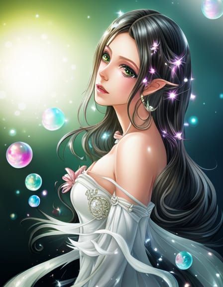 Sparkly Anime Elf Girl Portrait with Bubbles