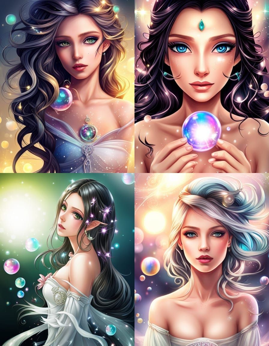 Sparkly Anime Elf Girl Portrait with Bubbles