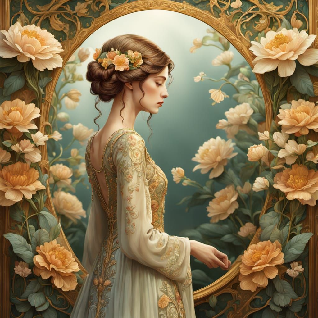 Woman's Reflection in Ornate Flower Mirror