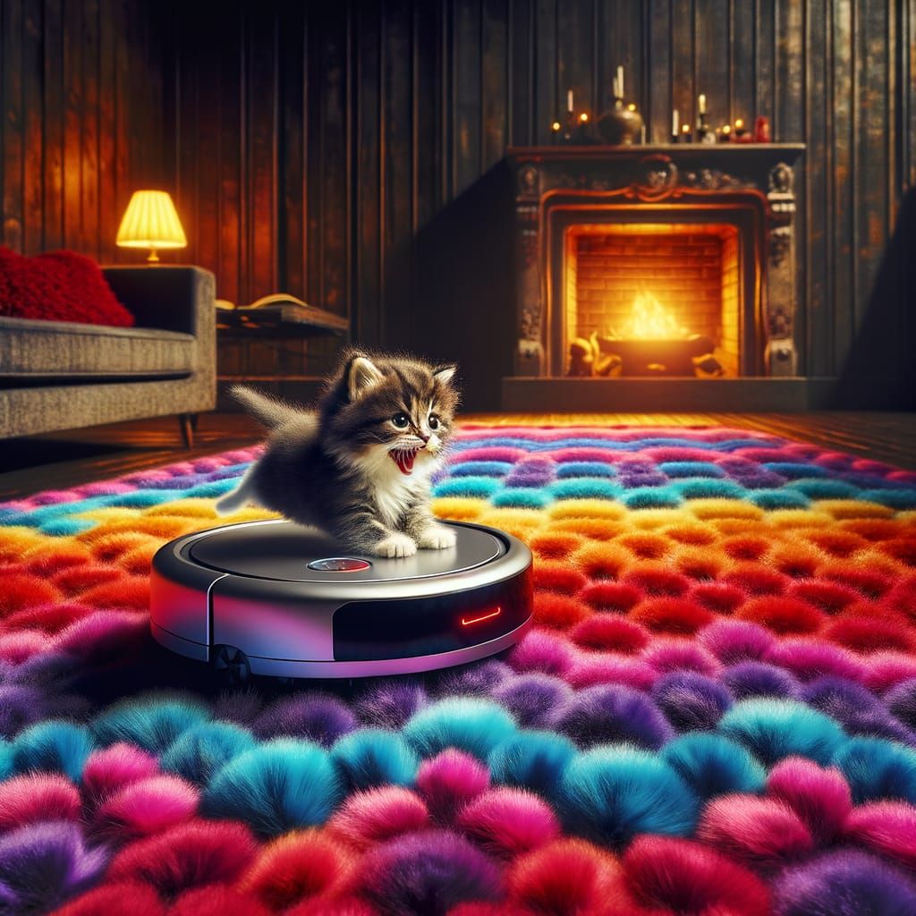 Fluffy Kitten Rides Robot Vacuum on Rainbow Carpet
