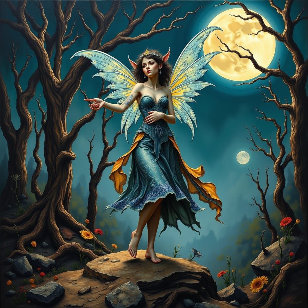 Whimsical Fairy Dances Under Starry Moonlit Skies