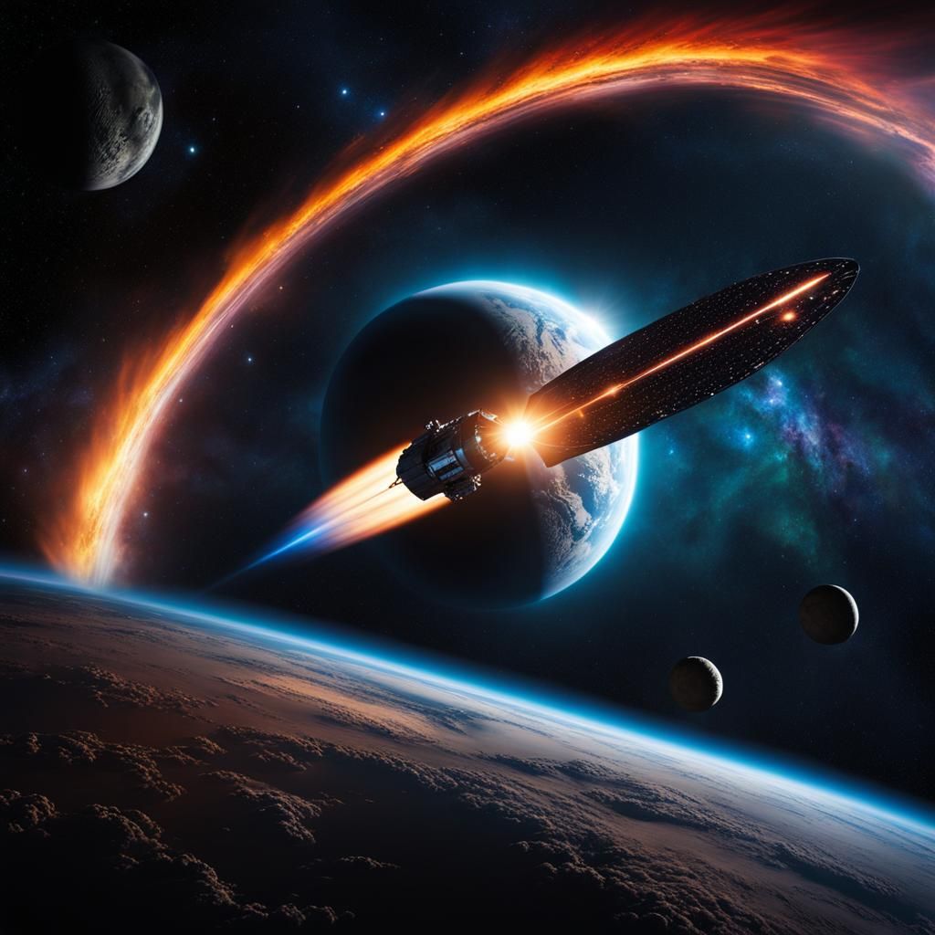 Spaceship Protects Earth from Asteroid in Cinematic Photo