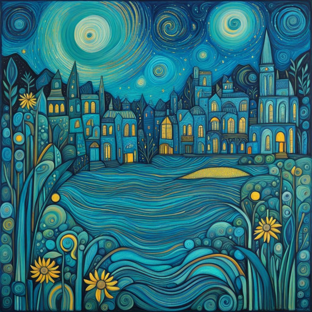 Fantastical Azure Paradise in Art Brut Style