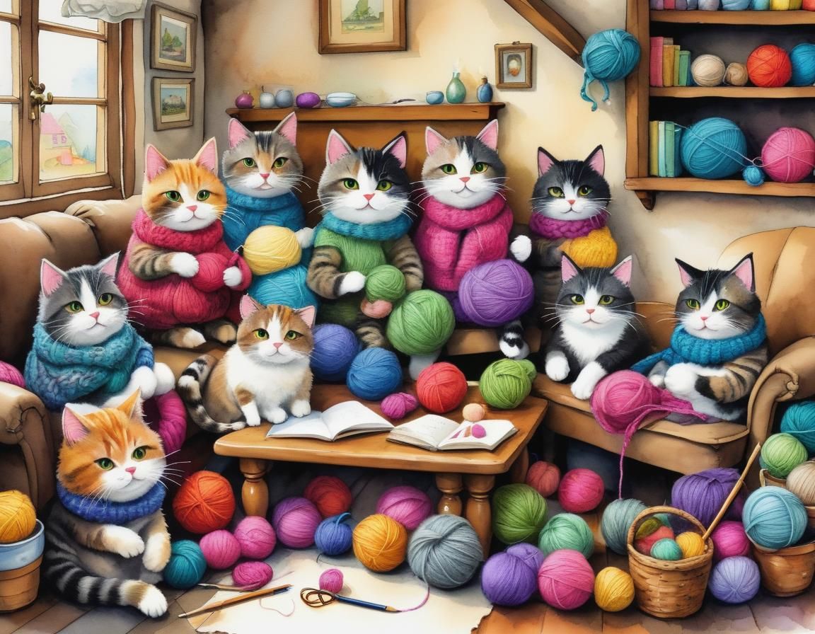 Cute Cats Knitting Group in Cottagecore Style