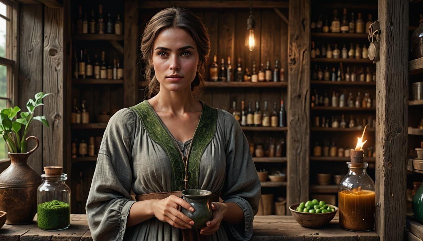 Potion Seller in Realism Style with Colorful Potions