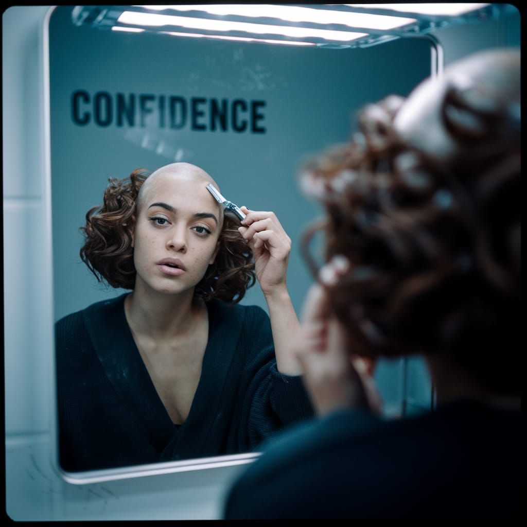 Confident Woman Shaves Head in Cinematic Film Still