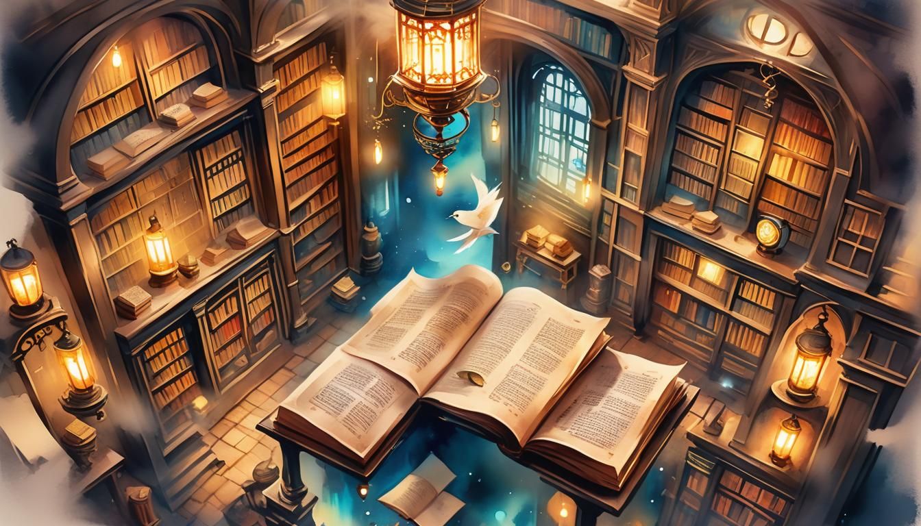 Mystical Library Watercolor with Ancient Tomes and Symbols