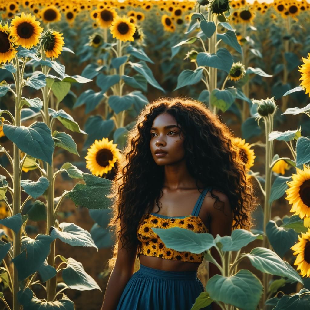 Black Woman in Sunflower Field: Cinematic Film Still