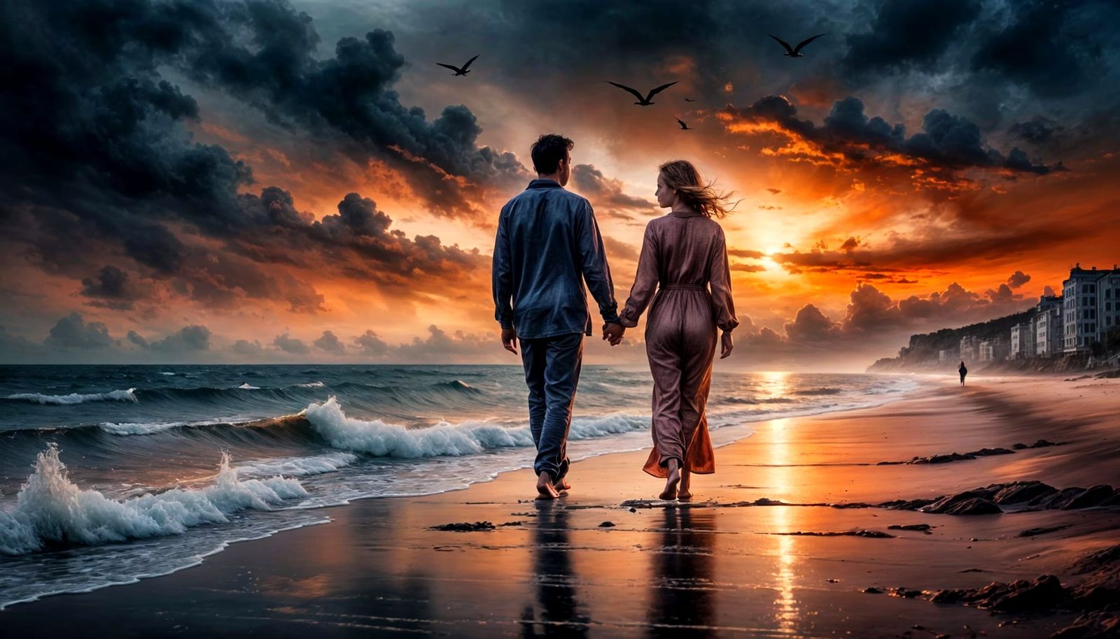 Couple Embracing Sunset on Serene Holliday Beach