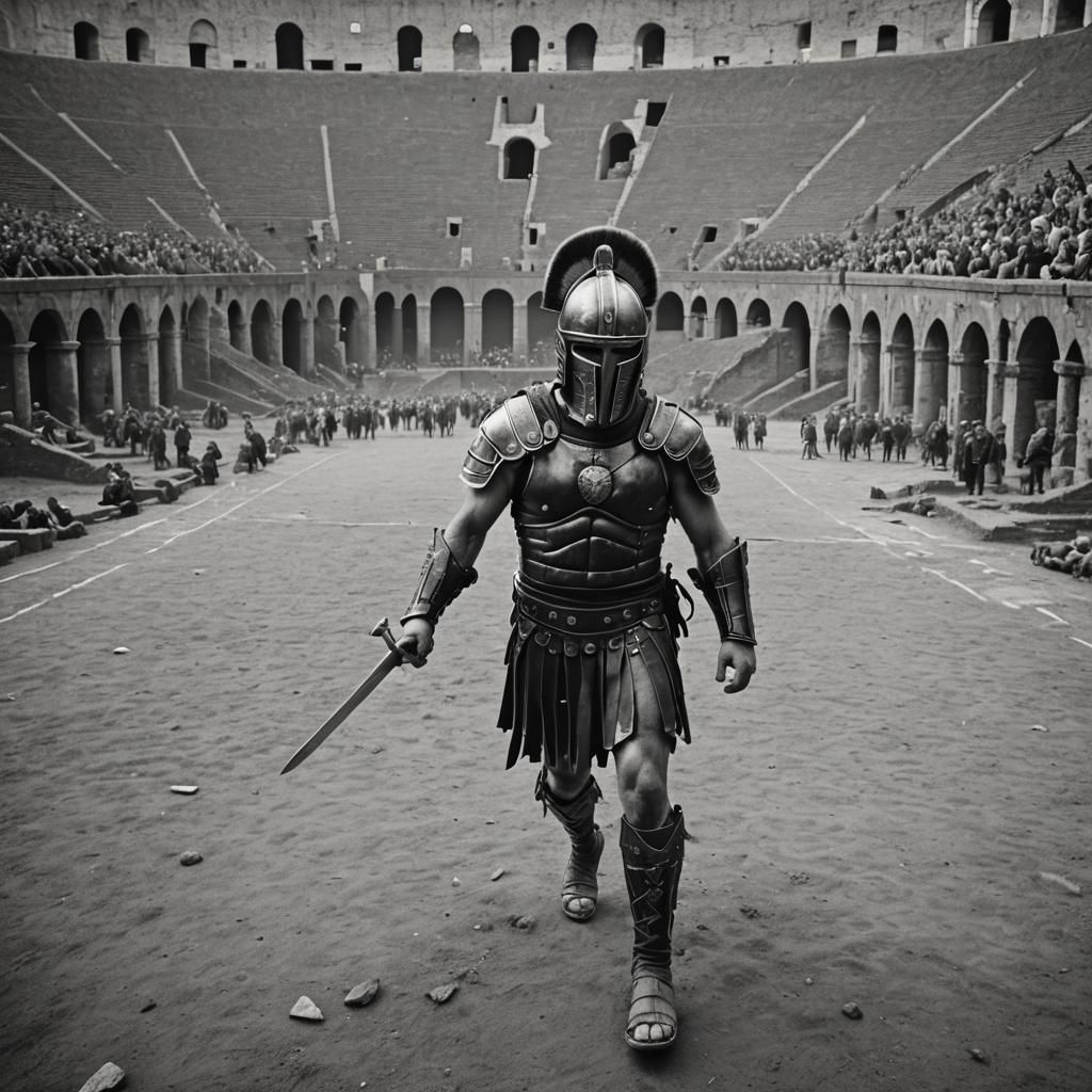 Gladiator in Roman Colosseum: Black and White Film Still