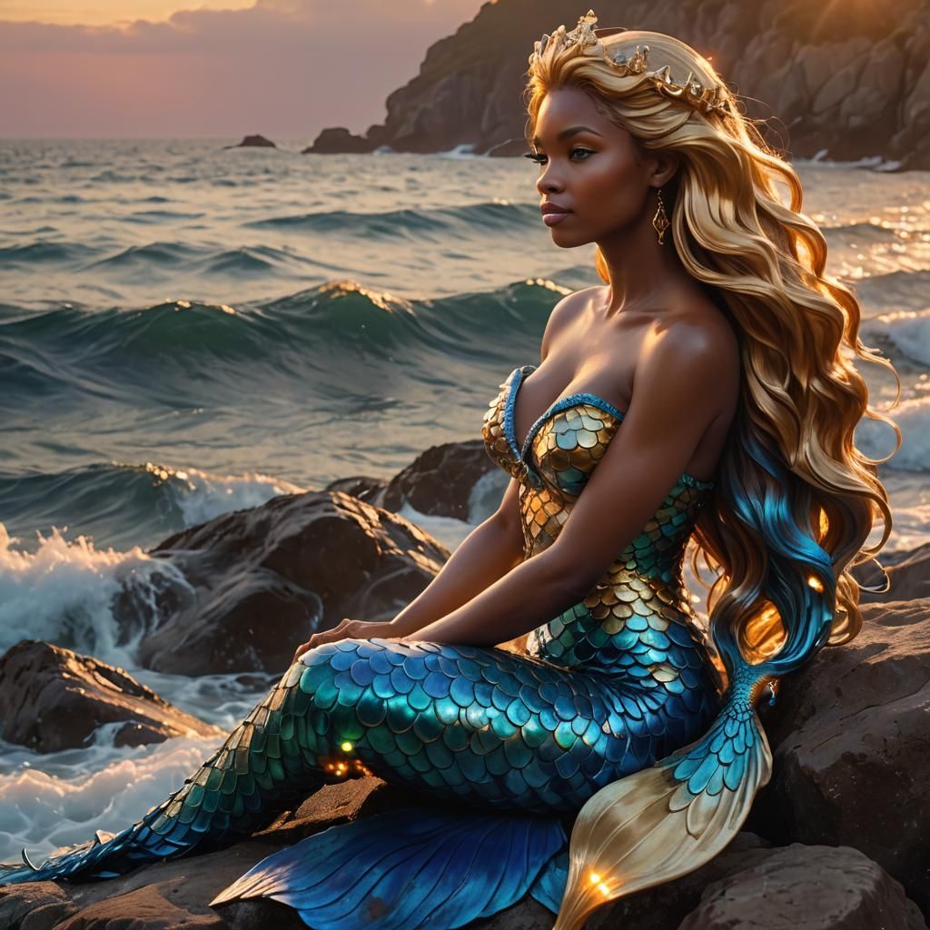Mermaid on Rocky Cliff in Magical Realism Style