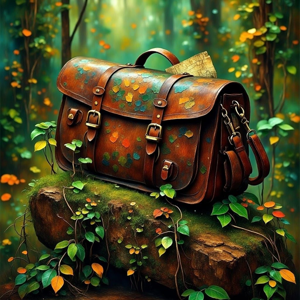 Worn Leather Satchel in Jungle Vines