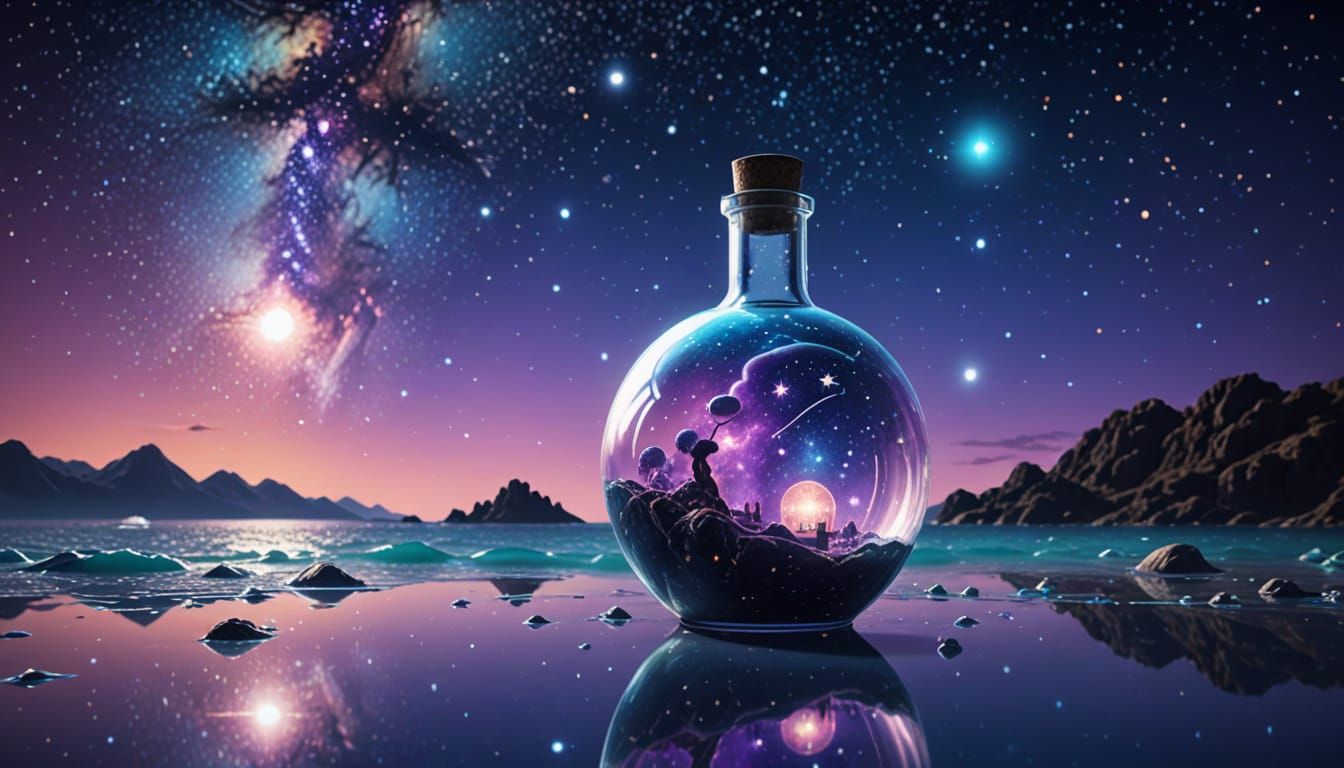 Dreamlike Bottle Floats in Space, Surreal 3D Art