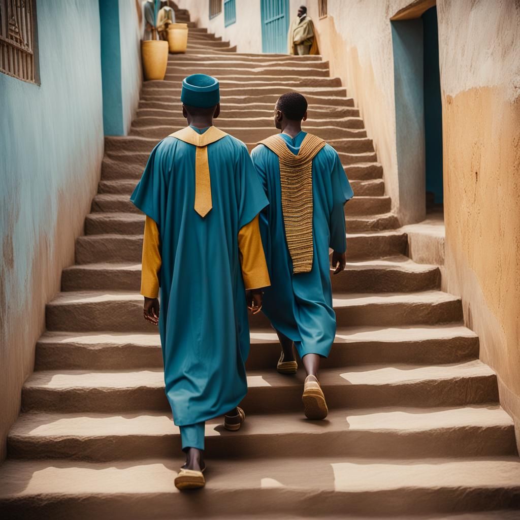 Royal African Couple Ascending Stairs: Cinematic Still