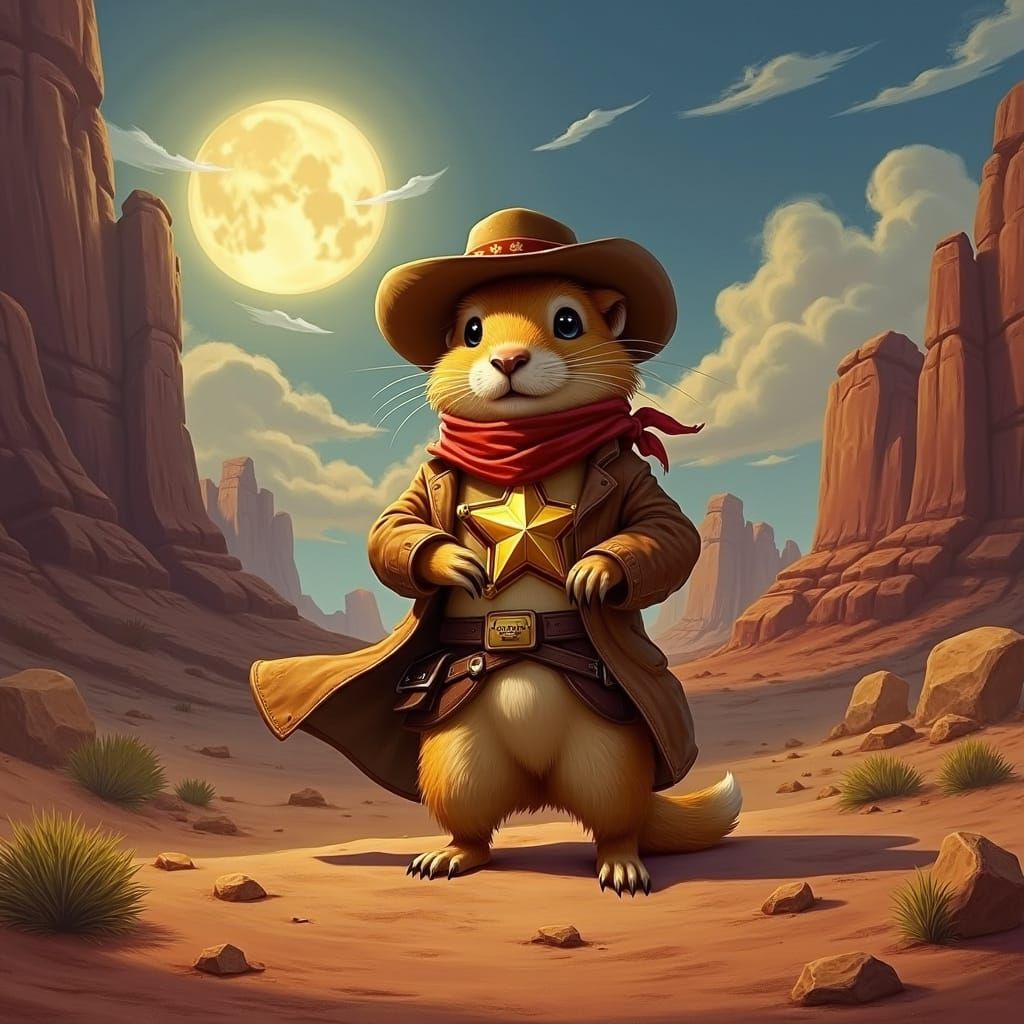 Prairie Dog Cowboy Rides Tall in Desert Sunset