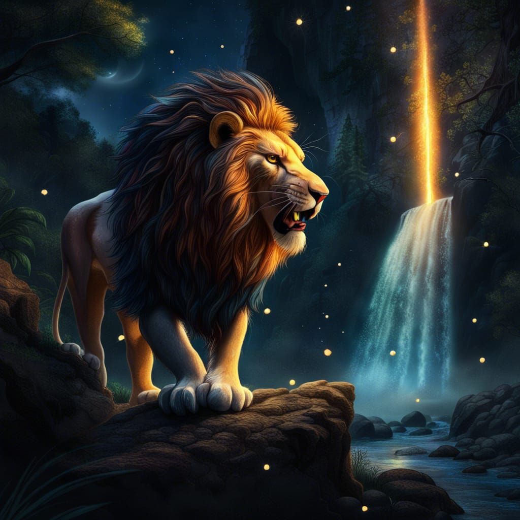 Glittering Lion Roaring by Waterfall in Moonlight